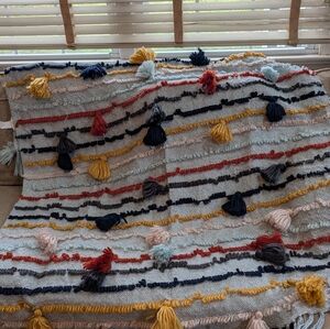 Bohemian Light Blue Pom Pom Throw/Wall Hanging. Global Caravan Approx 59x62"